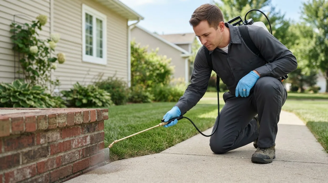 Pest control technician treating a home near Floyds Knobs, IN
